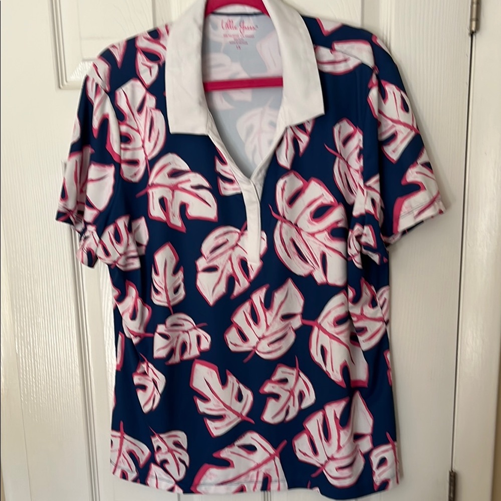 Lilly Green pink palm leaf polo shirt short sleeve point collar liquid knit 1X